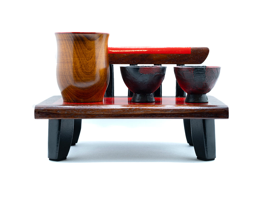 Japanese chestnut sake cup set - Daichinuri shuki - 大地塗り酒器